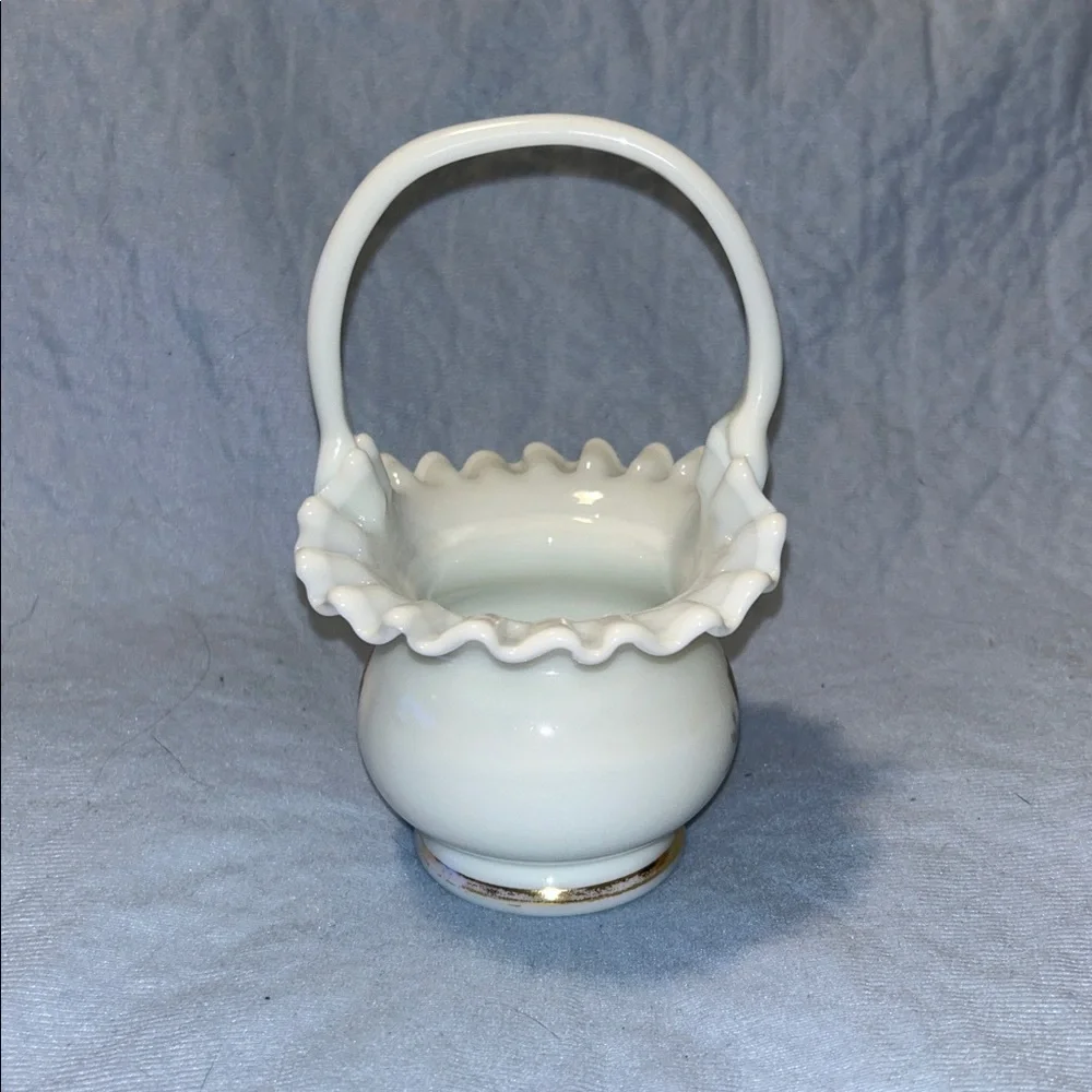 Fenton Hand Painted Rose Ruffle Basket White Glass Faded Gold Trim